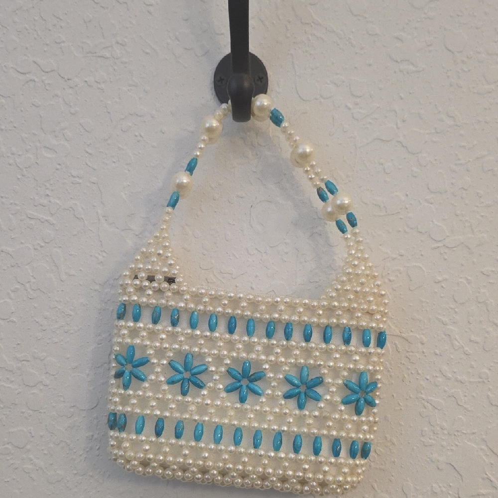 Elegant Pearl and Blue Beaded Women's Bag-small 7"x 5"